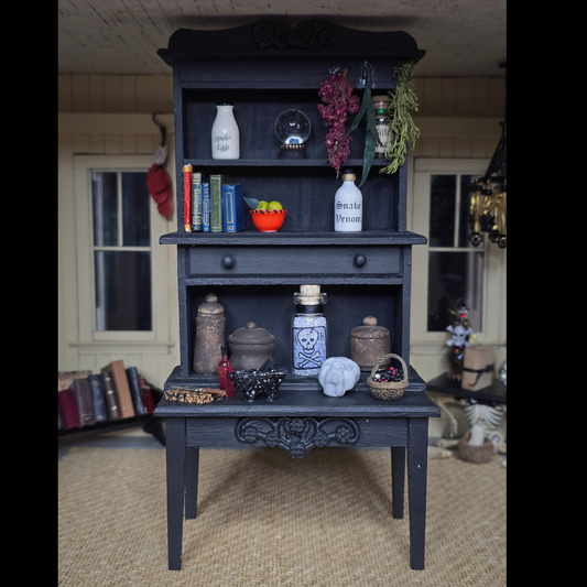 Halloween Witch’s Kitchen Hutch OOAK Black Wood, Dressed with Potion Ingredients