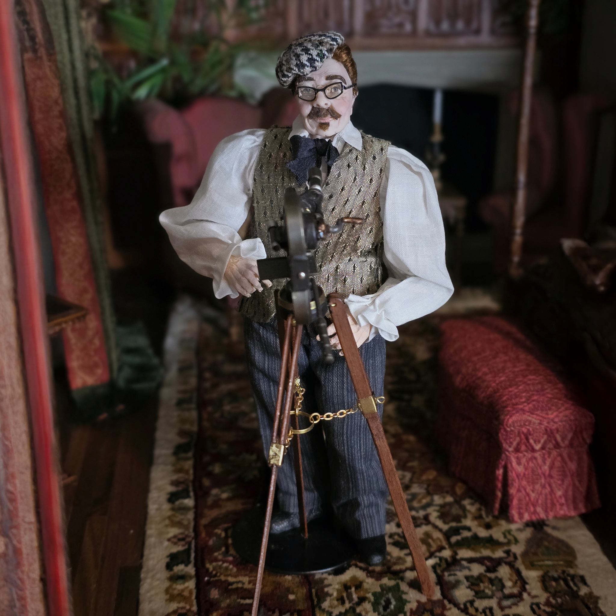 Actor Cecil B. DeMille & Camera Tripod Original Clay Dollhouse Man Doll