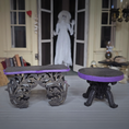 Load image into Gallery viewer, Pair of Ornate Gothic Accent Tables Carved Wood Handmade Furniture in Black & Purple
