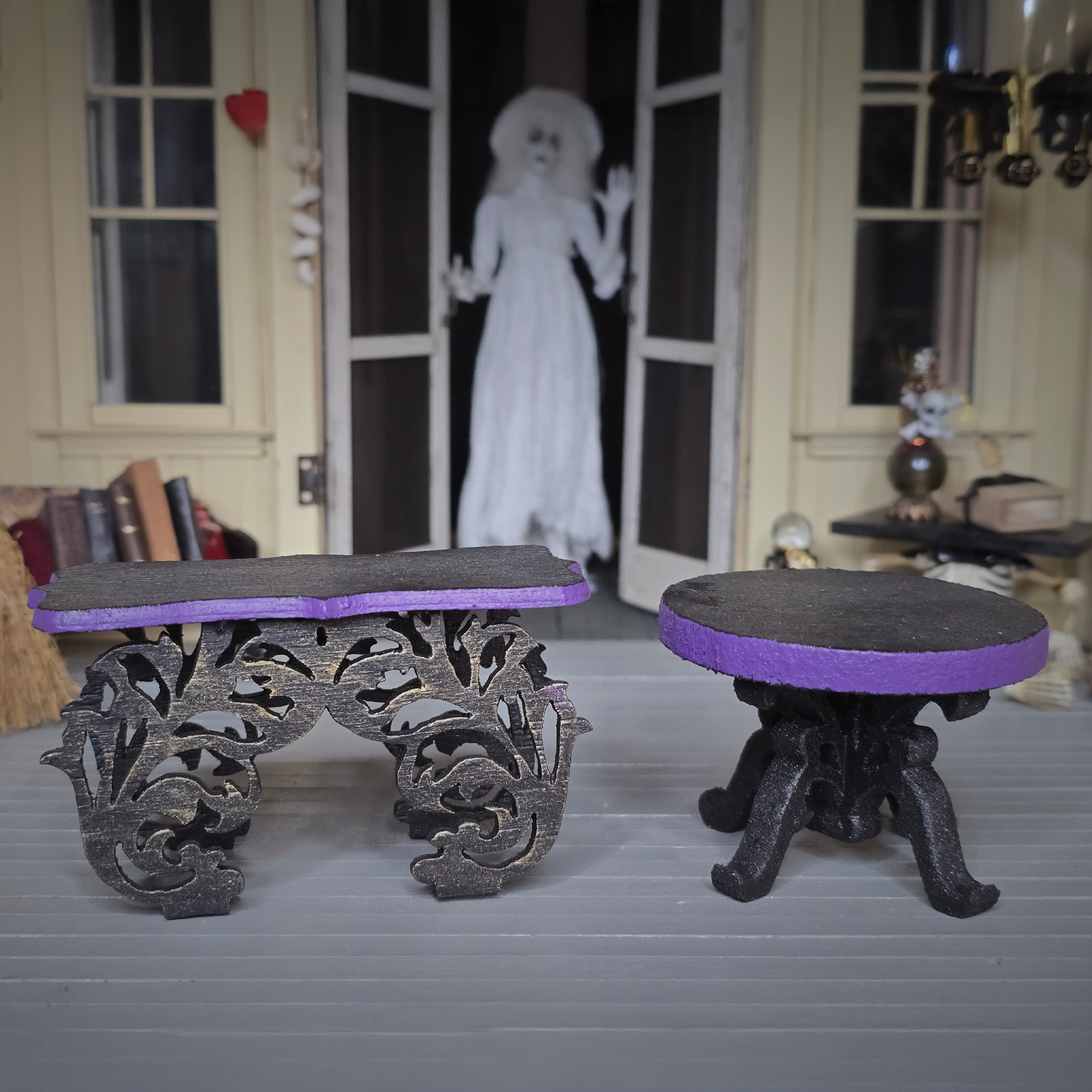 Pair of Ornate Gothic Accent Tables Carved Wood Handmade Furniture in Black & Purple
