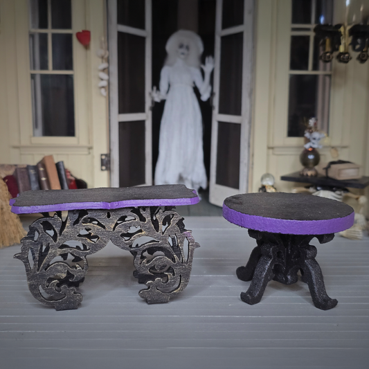 Pair of Ornate Gothic Accent Tables Carved Wood Handmade Furniture in Black & Purple