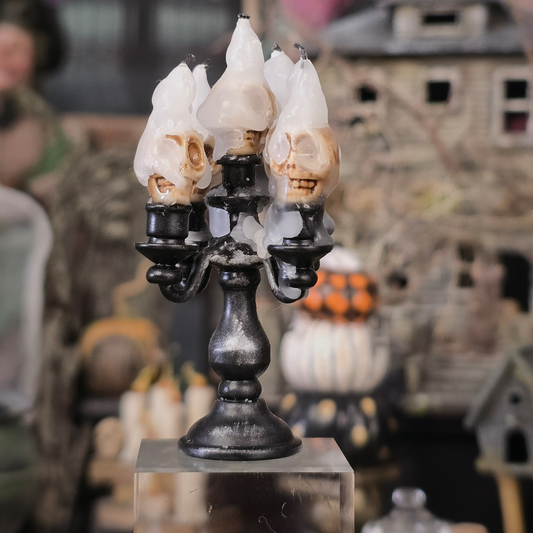 Five-Arm Skull Candelabra OOAK Metal Miniature with Distressed Black Finish & Dripping Wax