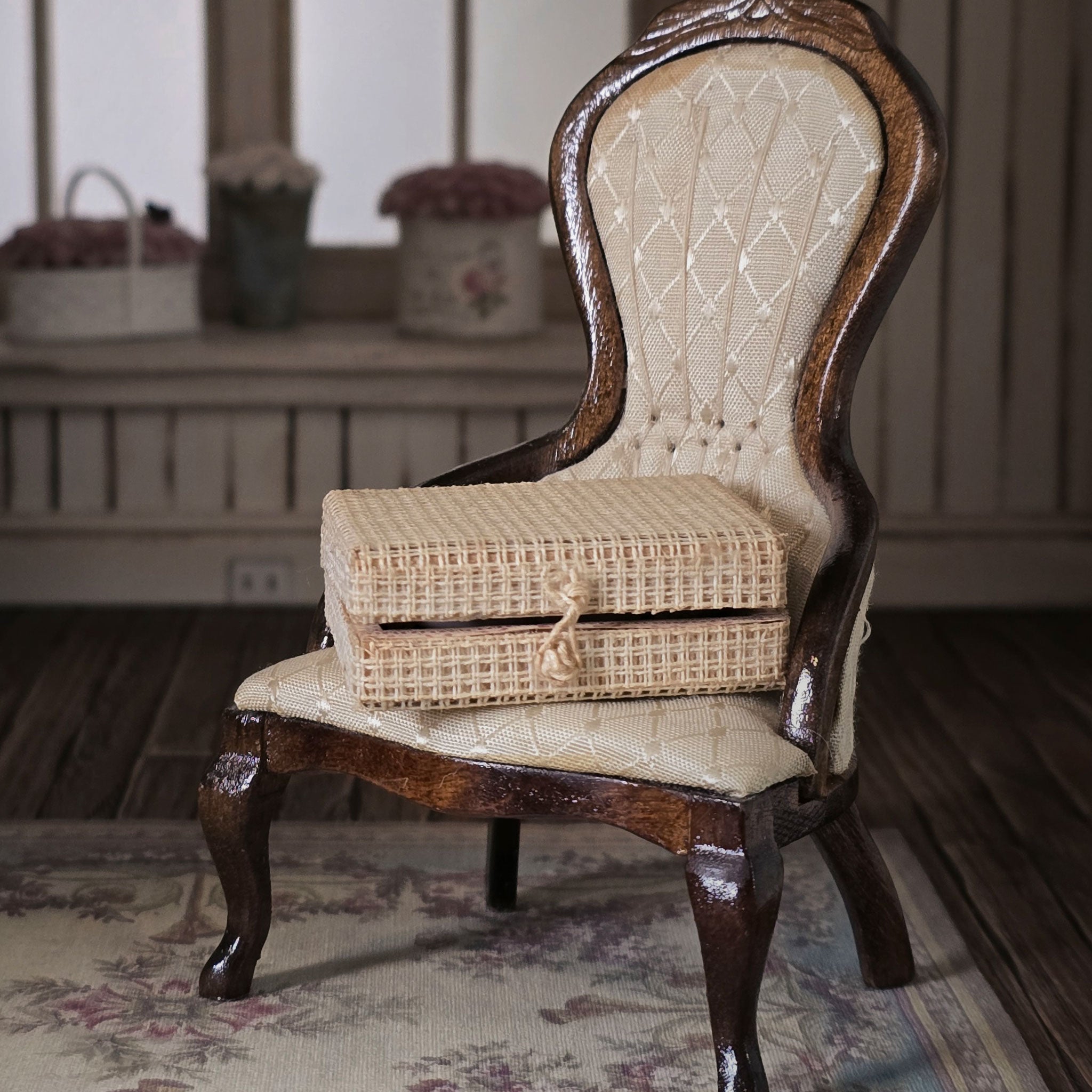 Vintage wooden chair with a wicker trunk on a patterned rug