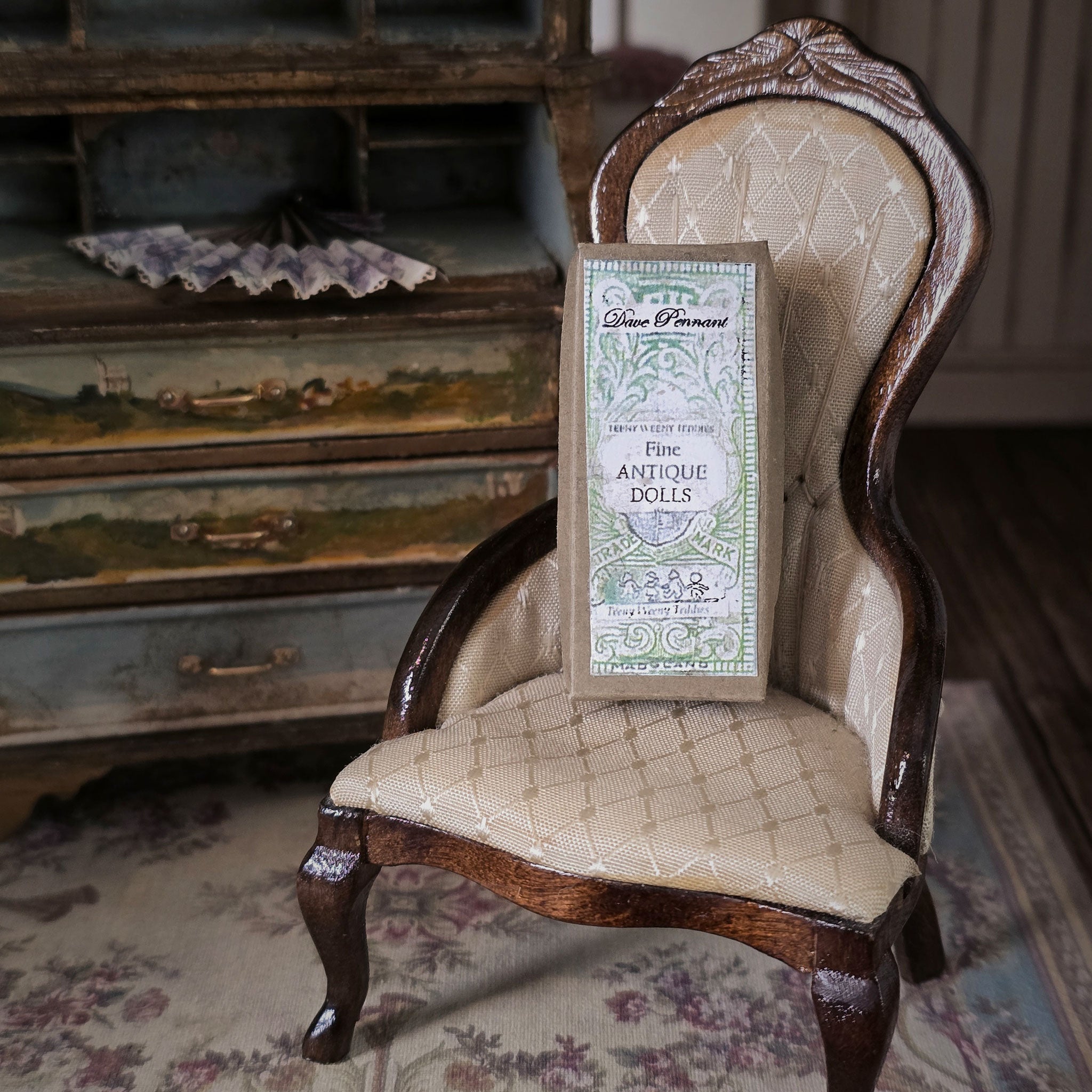Vintage chair with a decorative gift box on a patterned rug