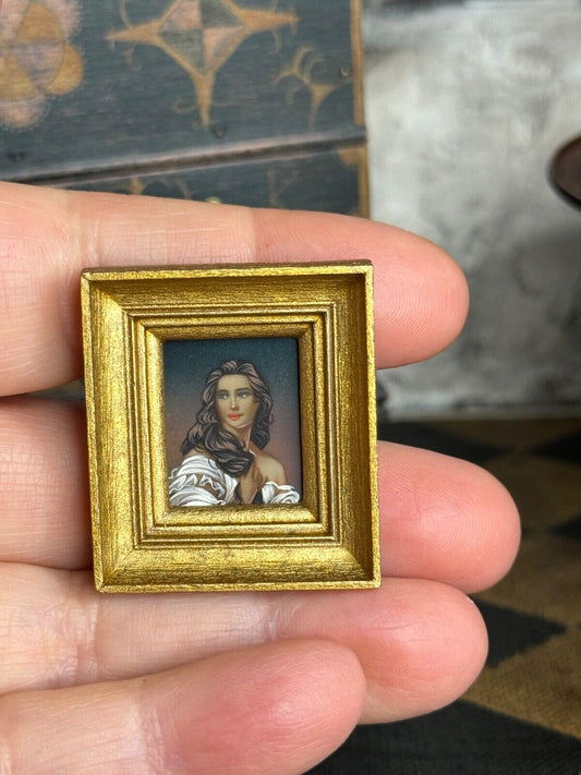 Dollhouse Mystery Artisan Framed Oil Painting Portrait of a Lady, in a hand