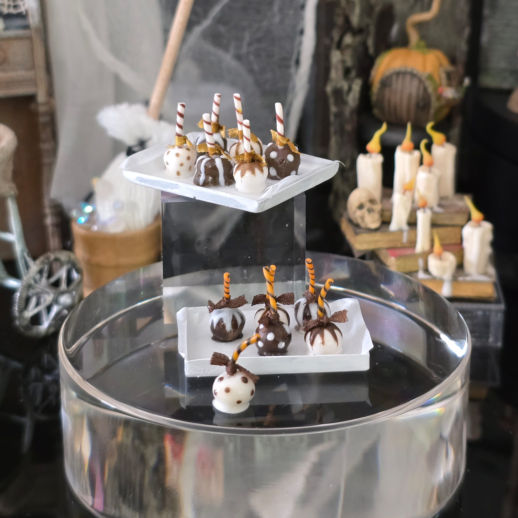 Chocolate-Covered Apples OOAK Miniature Fall Desserts on White Serving Tray Platters