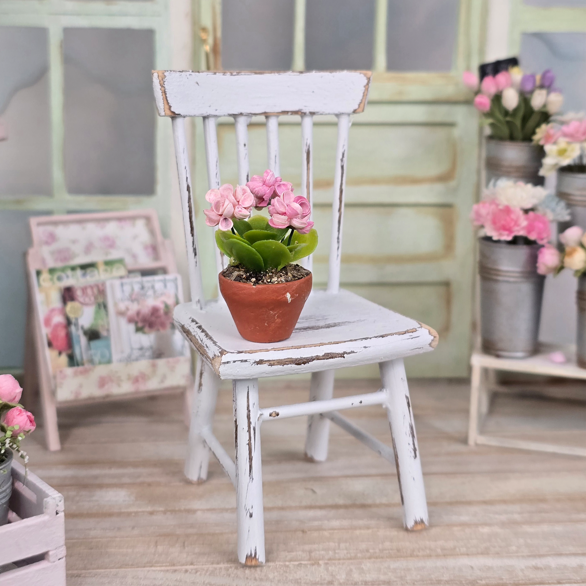 Potted Pink Geranium Plant Seashell Flowering Houseplant Vintage Artisan
