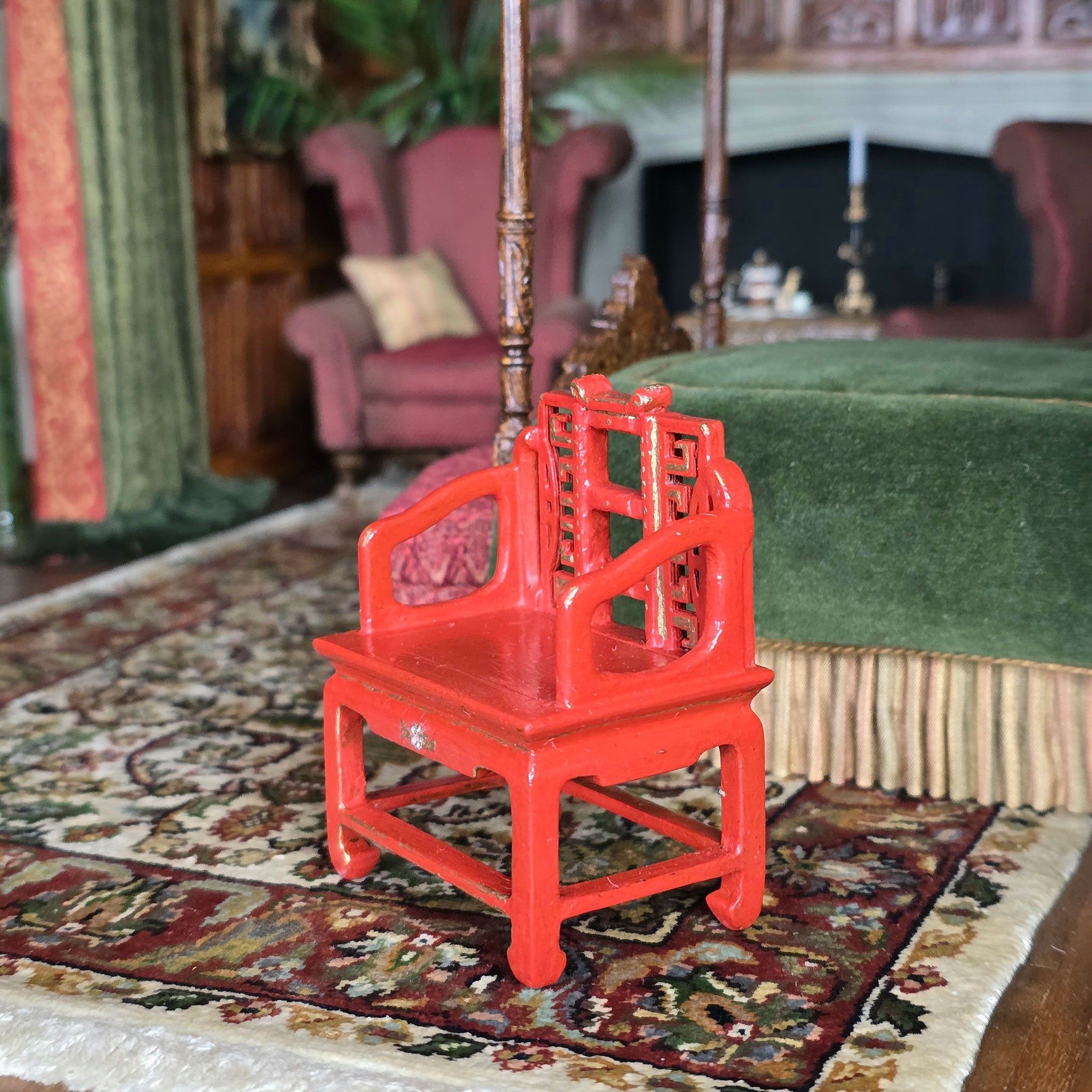 SIGNED Gilt Red Lacquer Chinese Asian Hand Carved Wood Arm Chair (B)