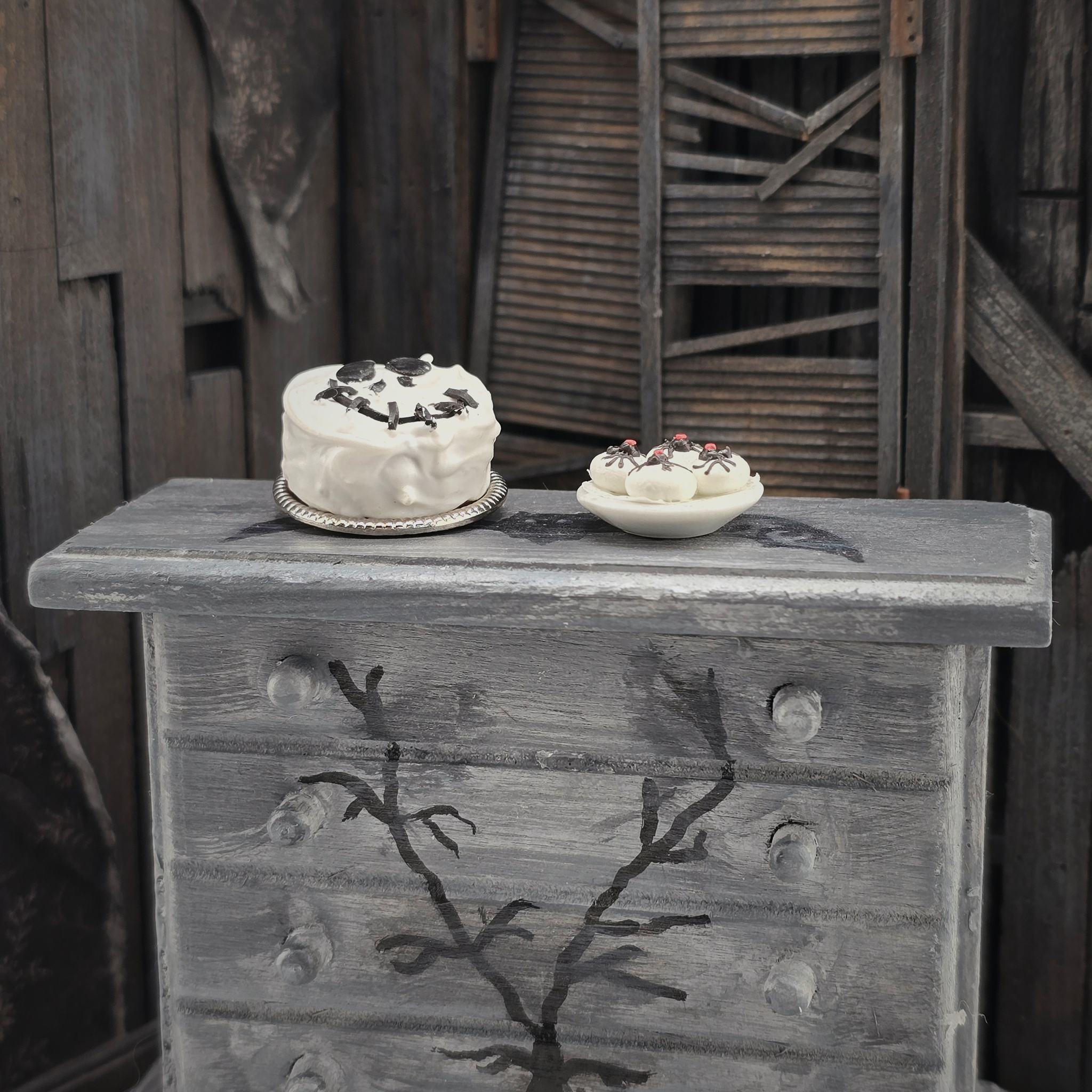 White Smiling Skeleton Cake & Black Widow Spider Cookies Miniature Halloween Dessert Set