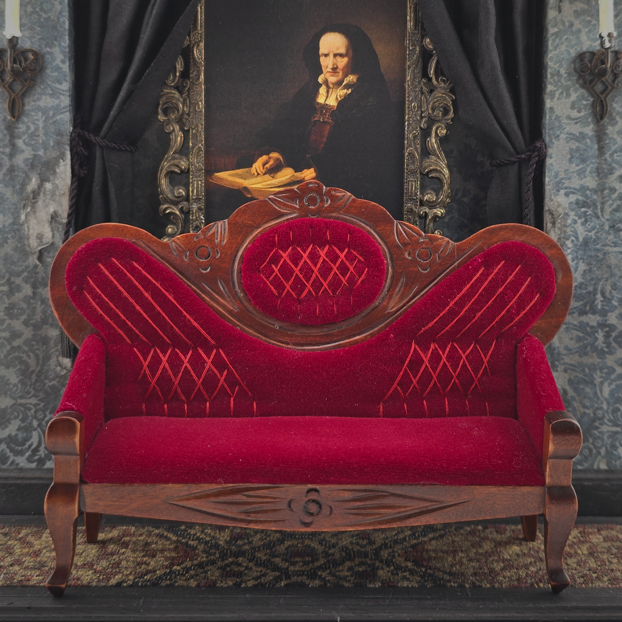 Victorian Red Velvet Upholstered Sofa OOAK Carved Miniature with Hand Tufted Details