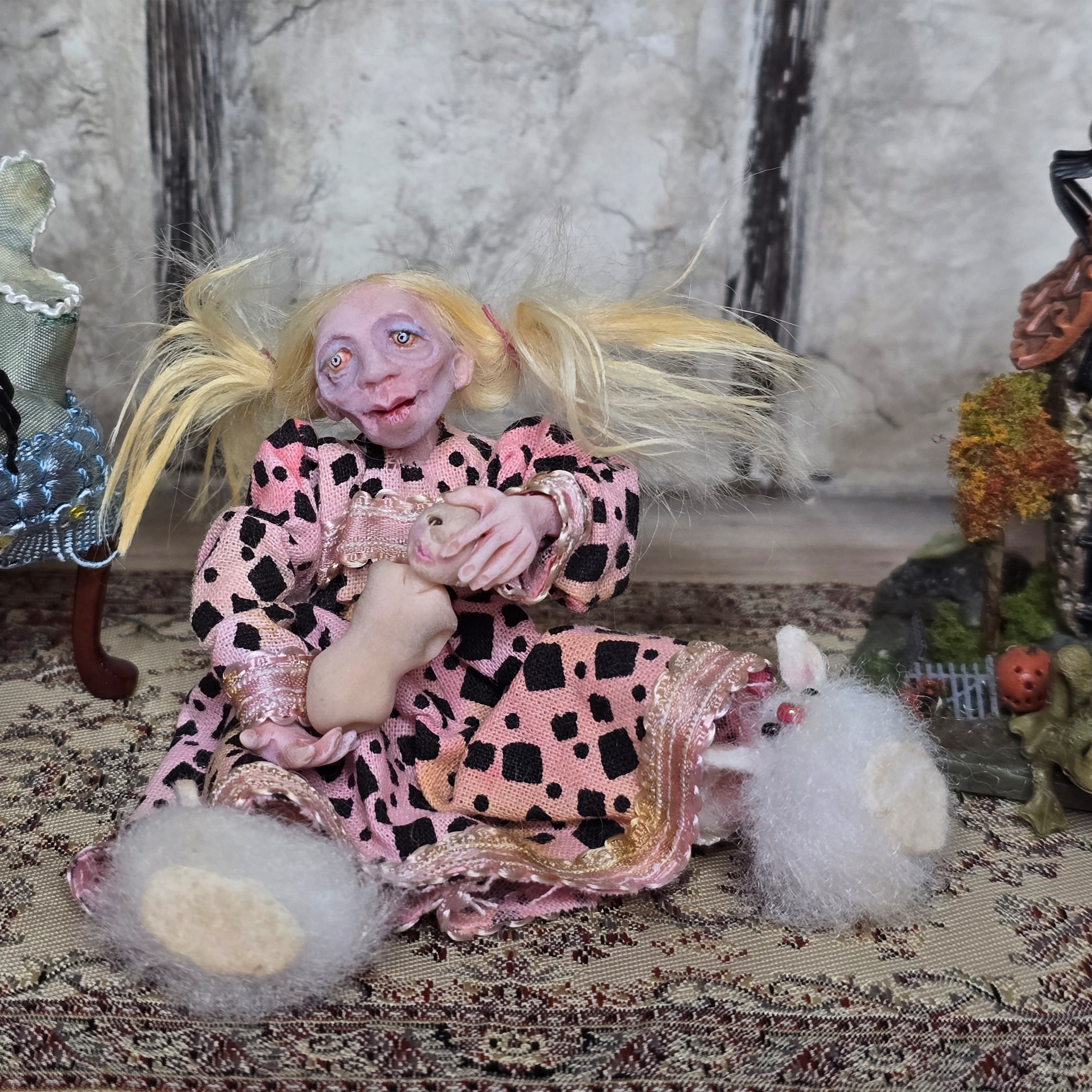 Creepy Seated Clay Little Girl Child Doll OOAK Vintage Hand Sculpted Dollhouse Miniature