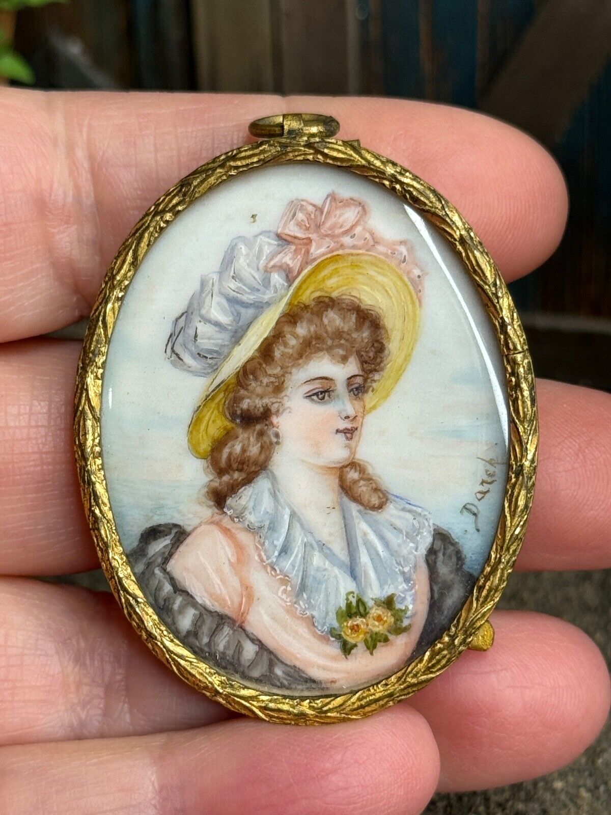 Antique Oval Framed Dollhouse Painted Portrait of Lady on Porcelain, in hand