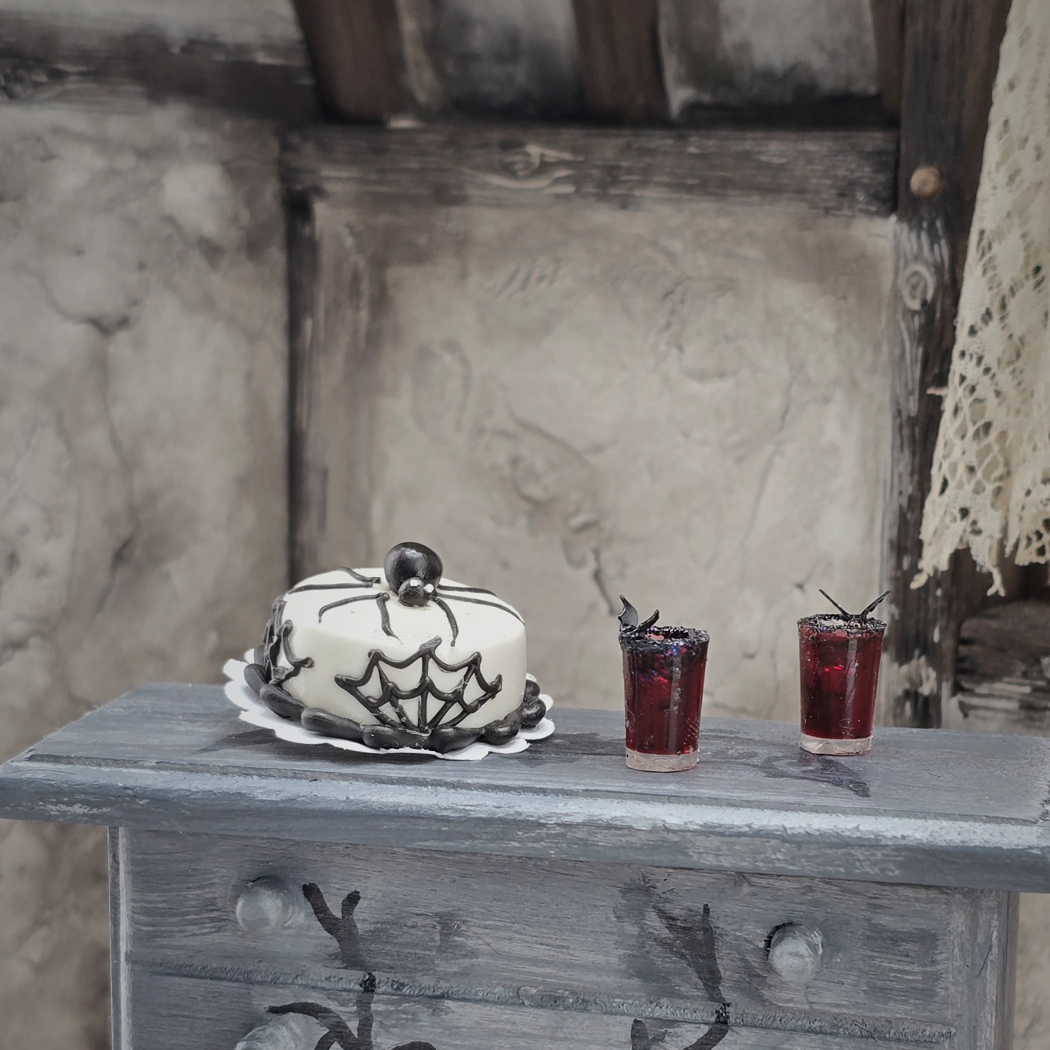 OOAK Miniature Halloween Spider Cake with Web Icing & Drinks with Bat Garnishes
