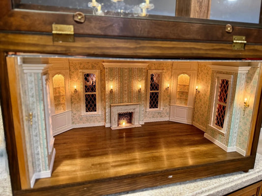 RARE Finished Custom Roger Gutheil c1984 Mahogany Living Room 1:12 Roombox OOAK, open door