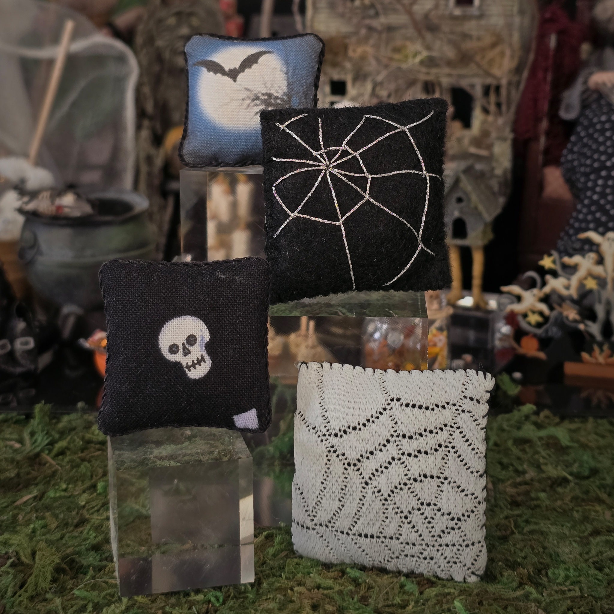 Halloween Pillow Set Artisan Handmade Miniature Spooky Decorative Cushions (Set of 4)