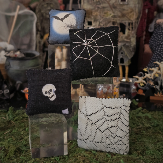 Halloween Pillow Set Artisan Handmade Miniature Spooky Decorative Cushions (Set of 4)