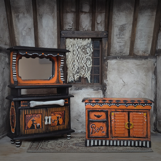 Hand-Painted Halloween Furniture Spooky OOAK Sideboard & Kitchen Hutch by Demy