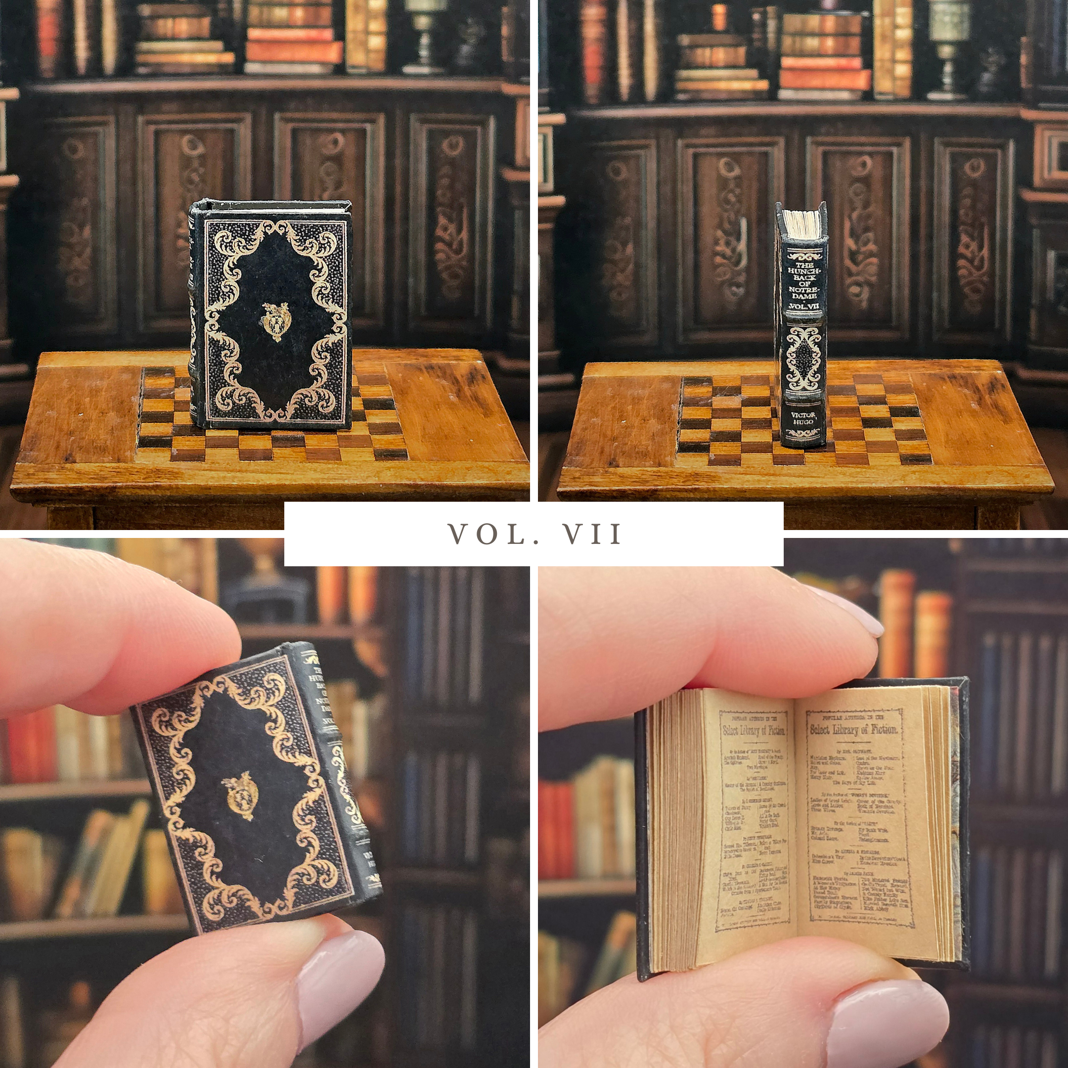 Collage of a miniature book with decorative cover and open pages, held by a hand in front of a bookshelf background.