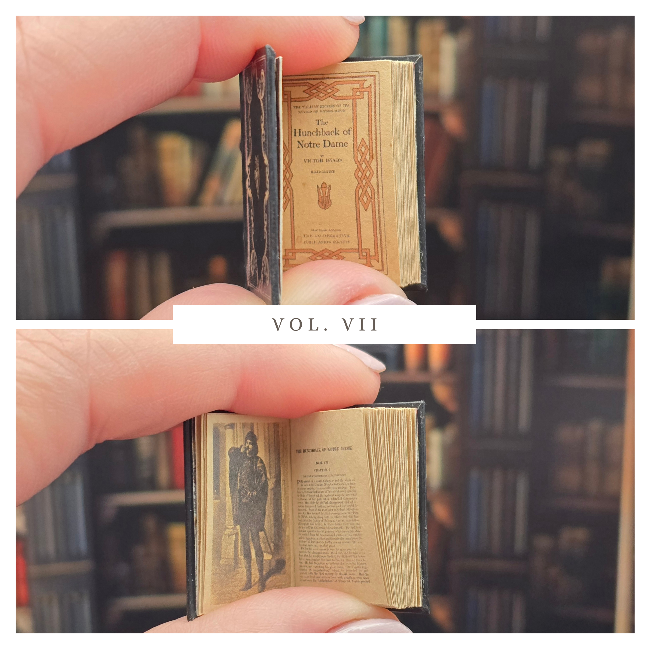 Close-up of a miniature book held between fingers with a blurred bookshelf background.