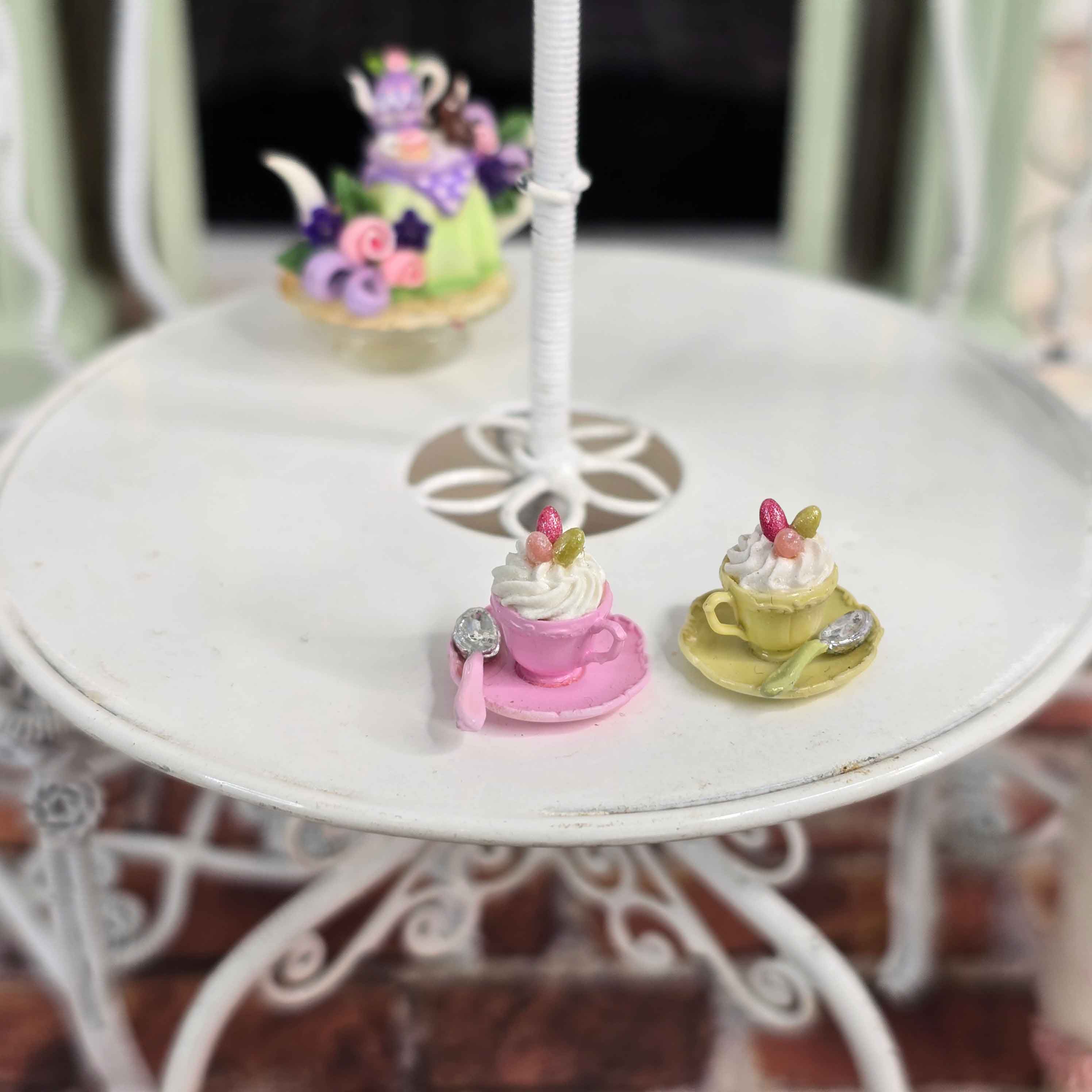 Pair Pink & Yellow Easter Teacups with Whipped Cream & Jelly Beans Paris Miniatures