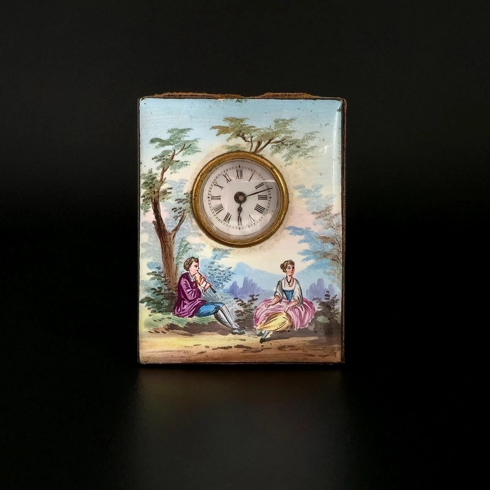 Antique Viennese Enamel Miniature Travel Clock with Georgian Lovers
