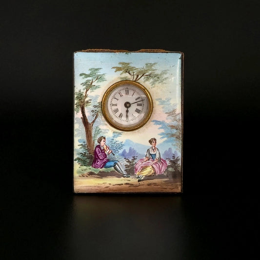 Antique Viennese Enamel Miniature Travel Clock with Georgian Lovers