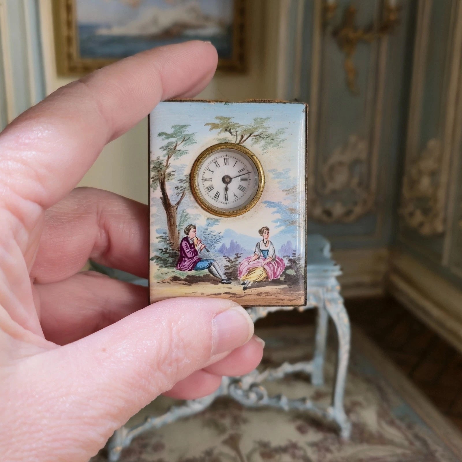 Antique Viennese Enamel Miniature Travel Clock with Georgian Lovers