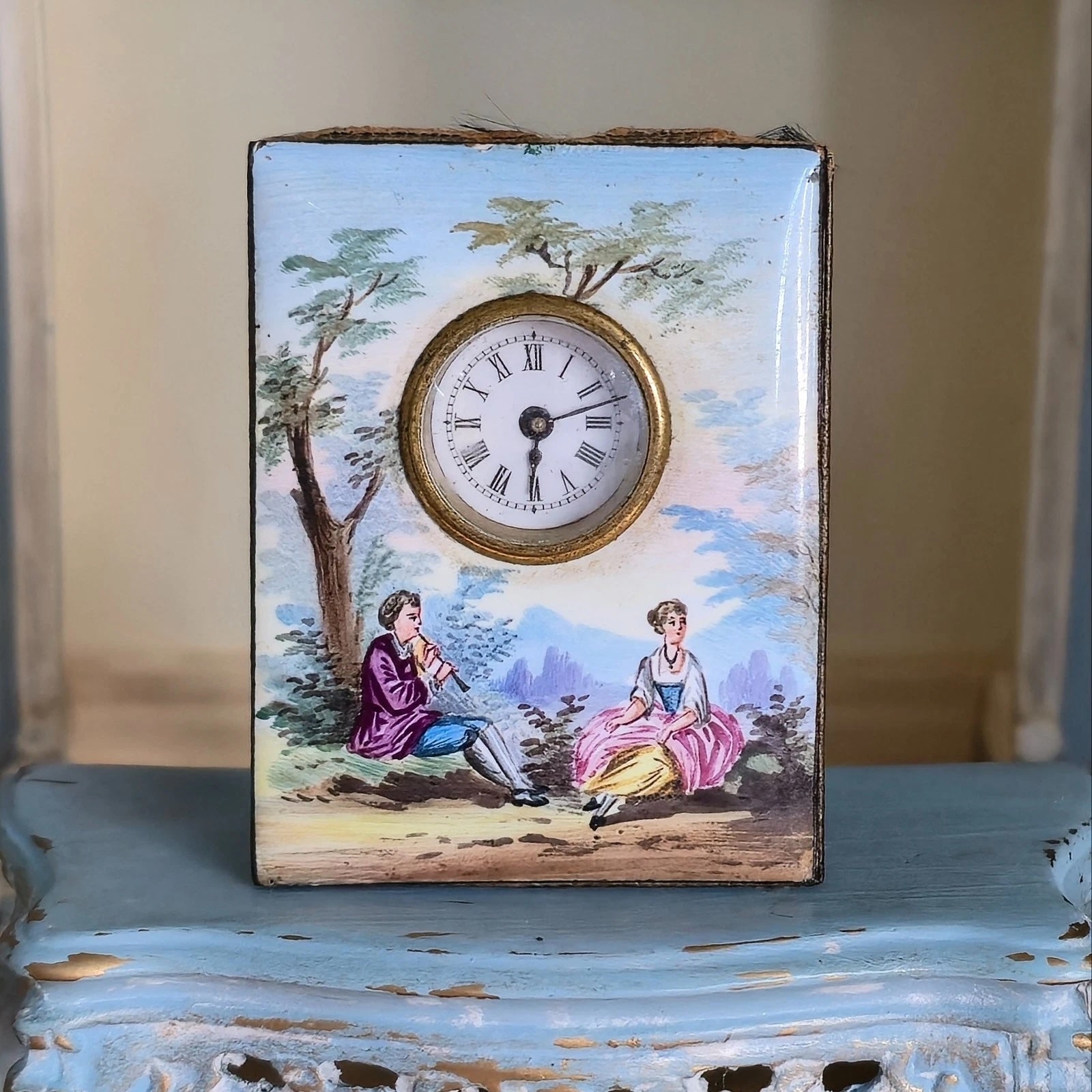 Antique Viennese Enamel Miniature Travel Clock with Georgian Lovers