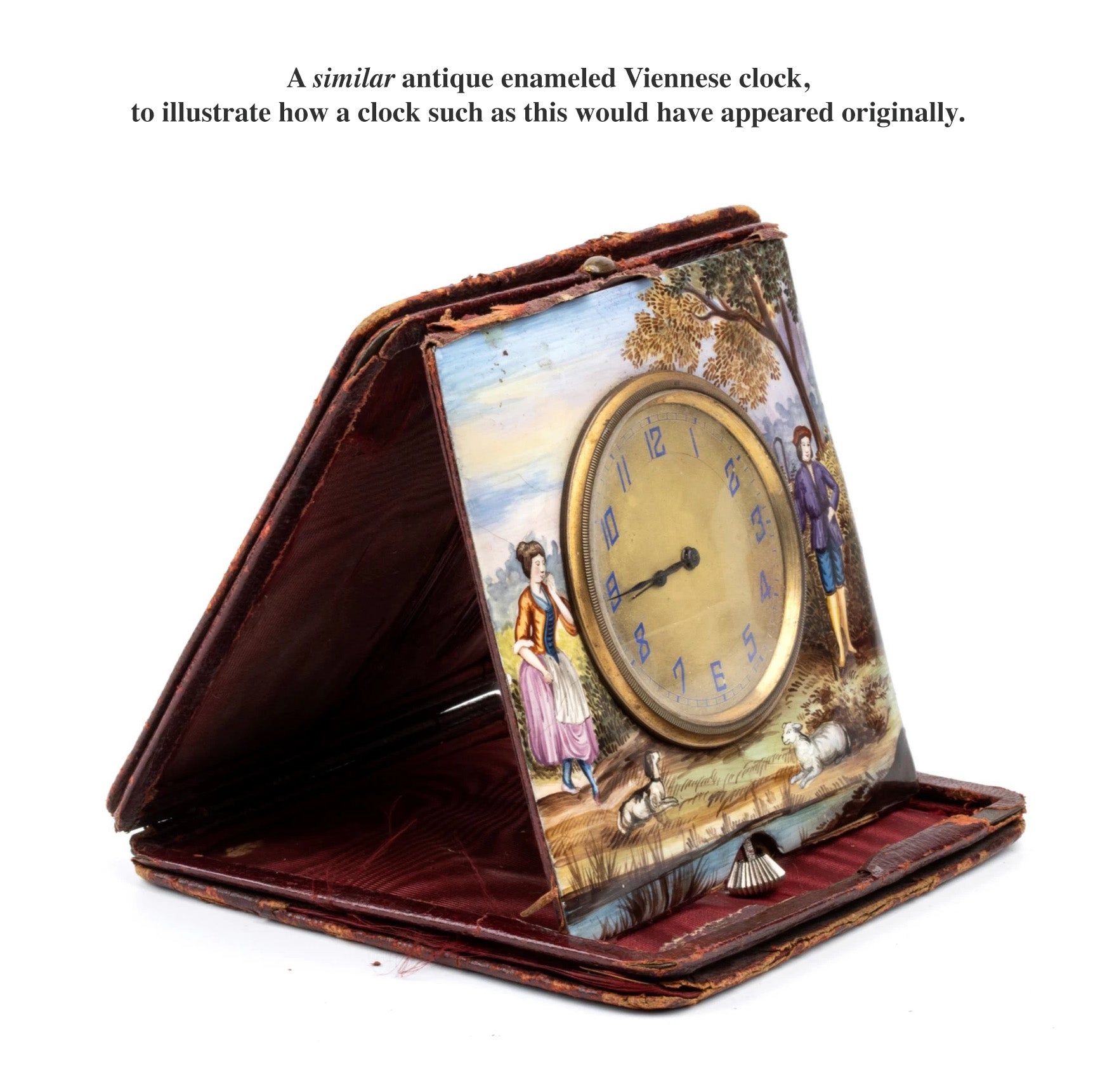 Antique Viennese Enamel Miniature Travel Clock with Georgian Lovers