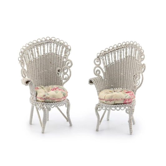 Mac McCurley Victorian Miniature Pair of White Wicker Chairs Dollhouse