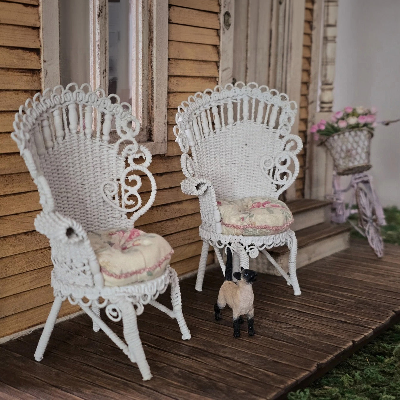 Mac McCurley Victorian Miniature Pair of White Wicker Chairs Dollhouse