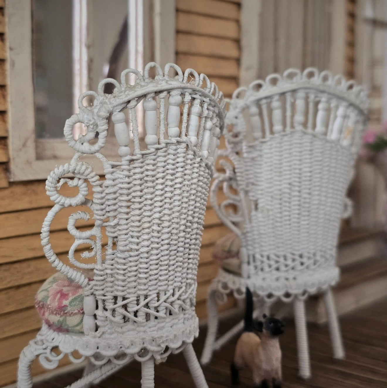 Mac McCurley Victorian Miniature Pair of White Wicker Chairs Dollhouse