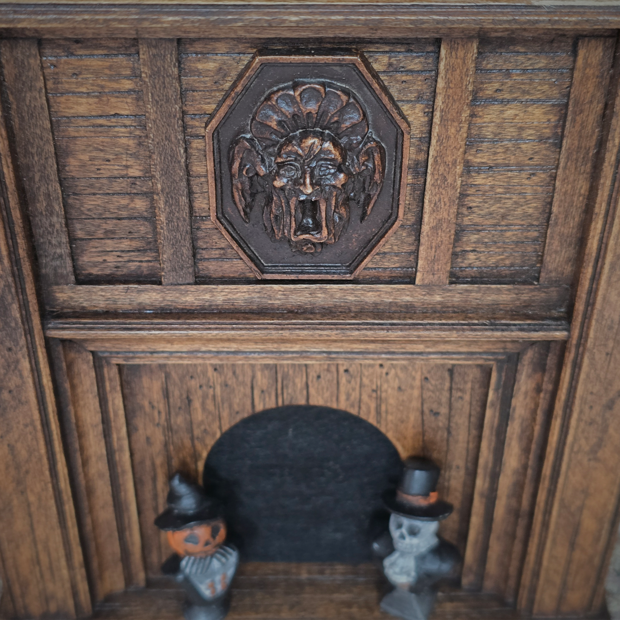 Carved Walnut Halloween Fireplace Mantel Signed OOAK with Jack-o’-Lantern & Skeleton Figures