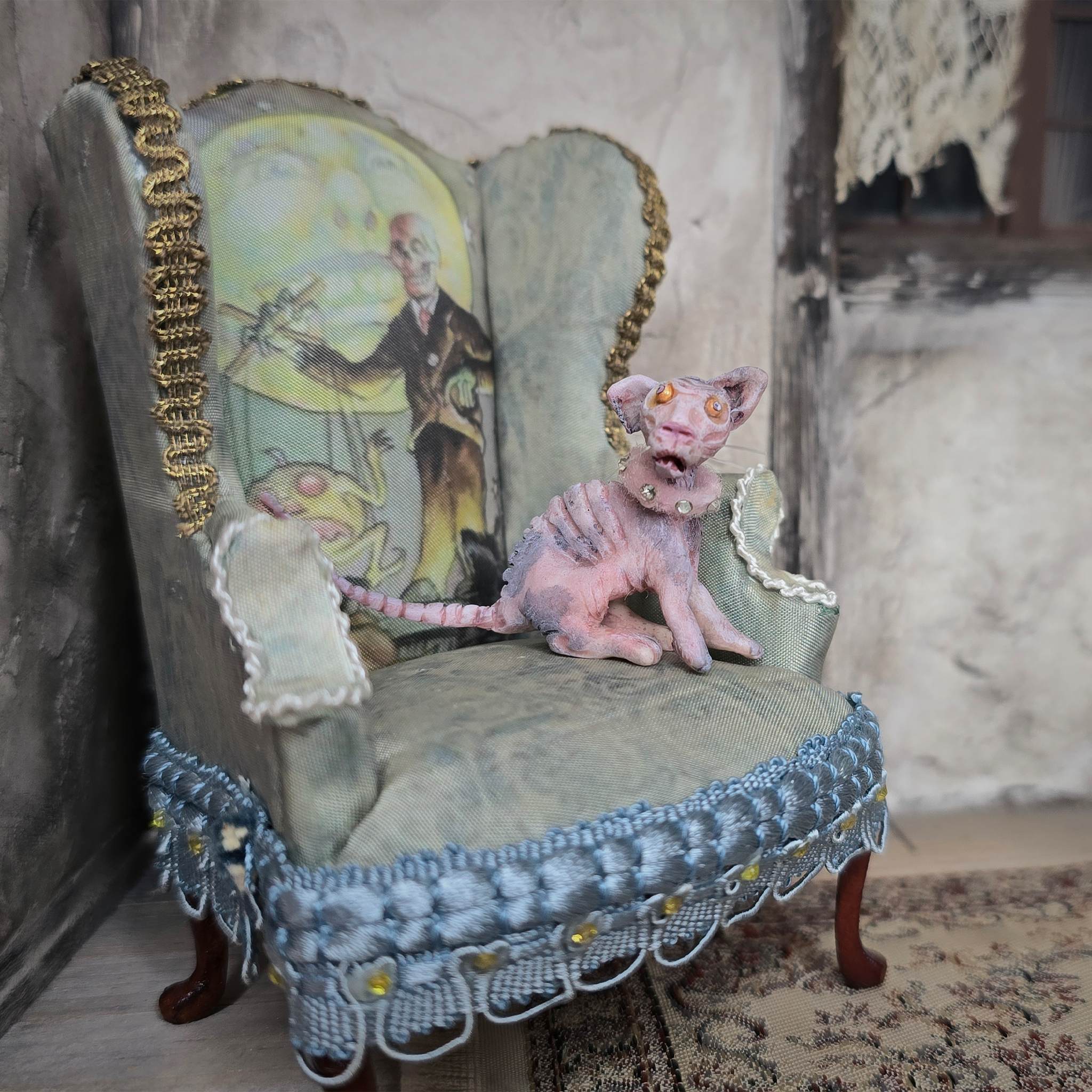 Hairless Spotted Sphynx Pink Grey Cat Spooky OOAK Artisan Miniature Dollhouse Pet Figure