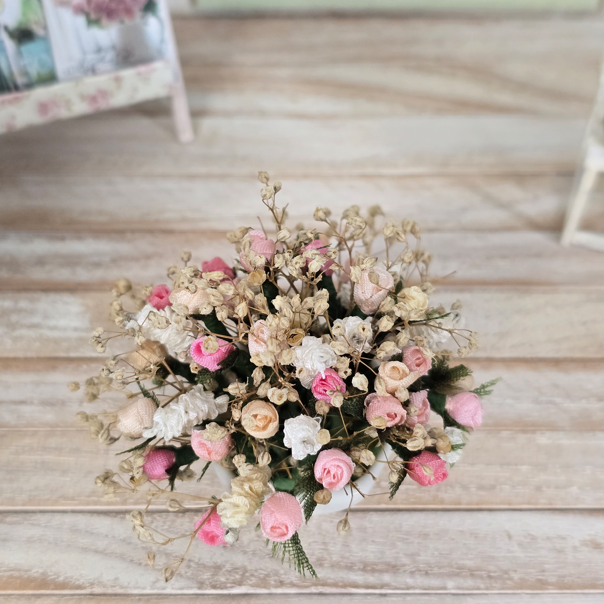 Floral Centerpiece Pink Silk Ribbon Roses & Dried Baby's Breath in White Pot