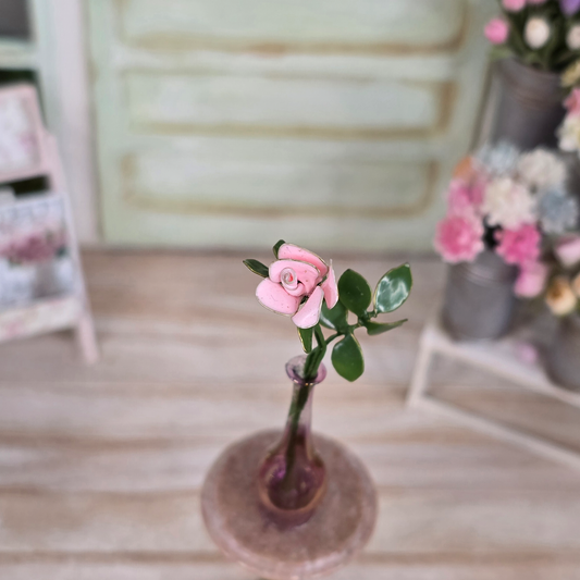 Single Long-Stemmed Enameled Pink Rose in Pink Glass Bud Vase