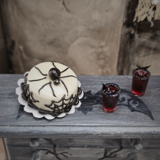 OOAK Miniature Halloween Spider Cake with Web Icing & Drinks with Bat Garnishes