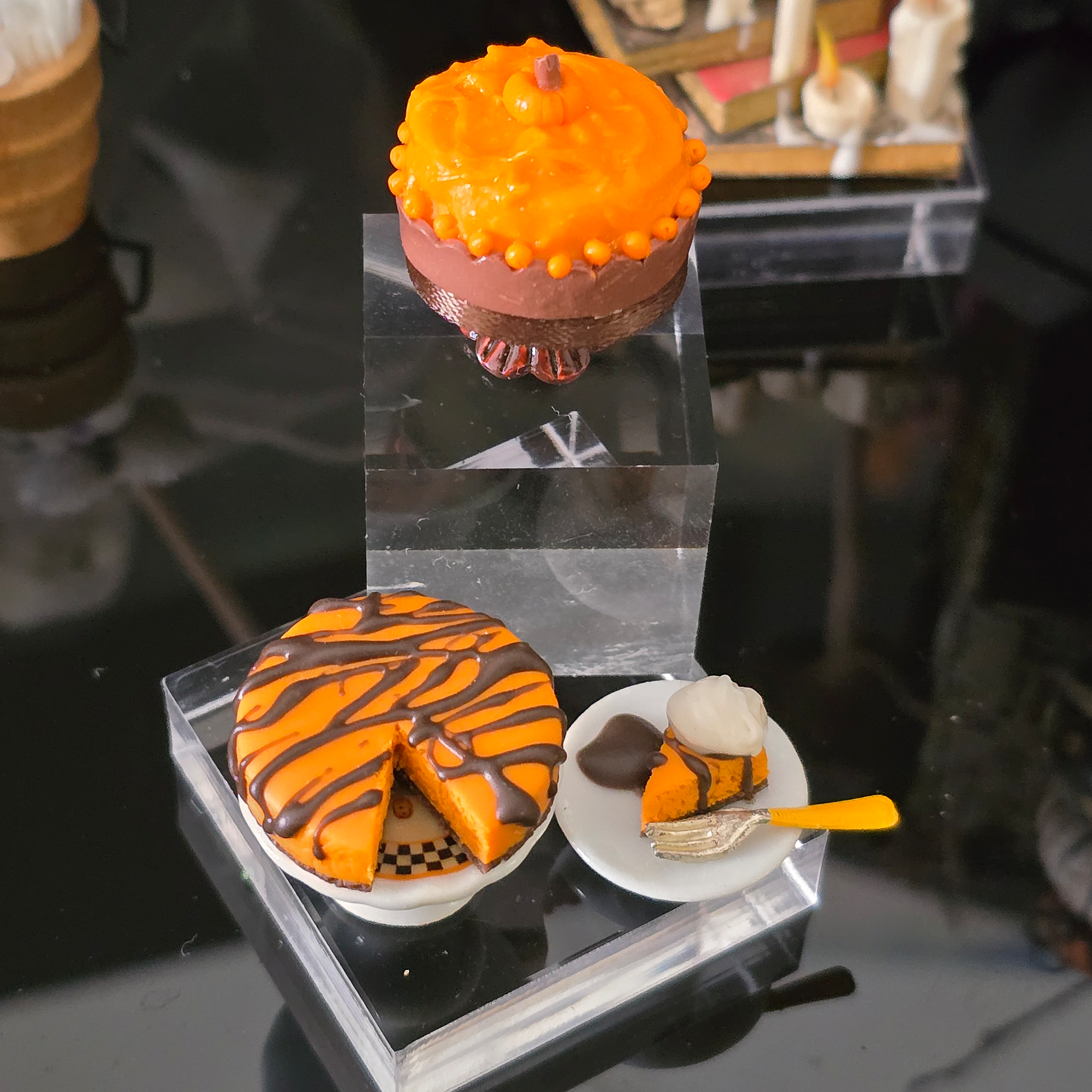 Halloween Autumn Cake & Pumpkin Cheesecake with Plated Slice Miniature Dessert Display