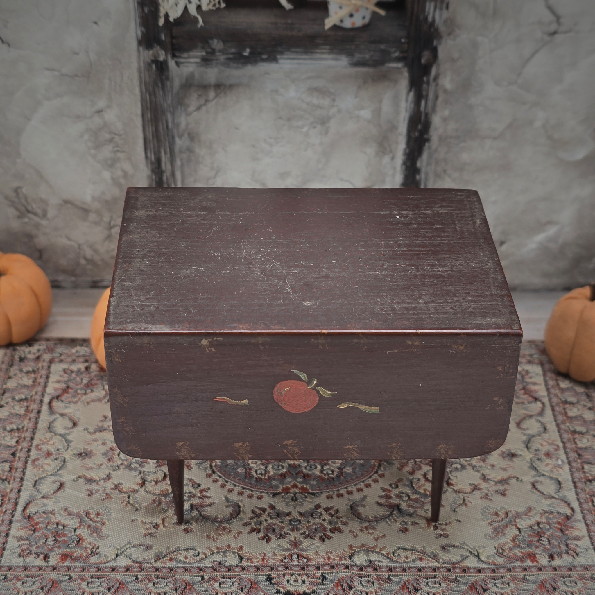 Rustic Drop-Leaf Fall Autumn Table Hand-Painted Folk Art Apple Miniature, Signed JA