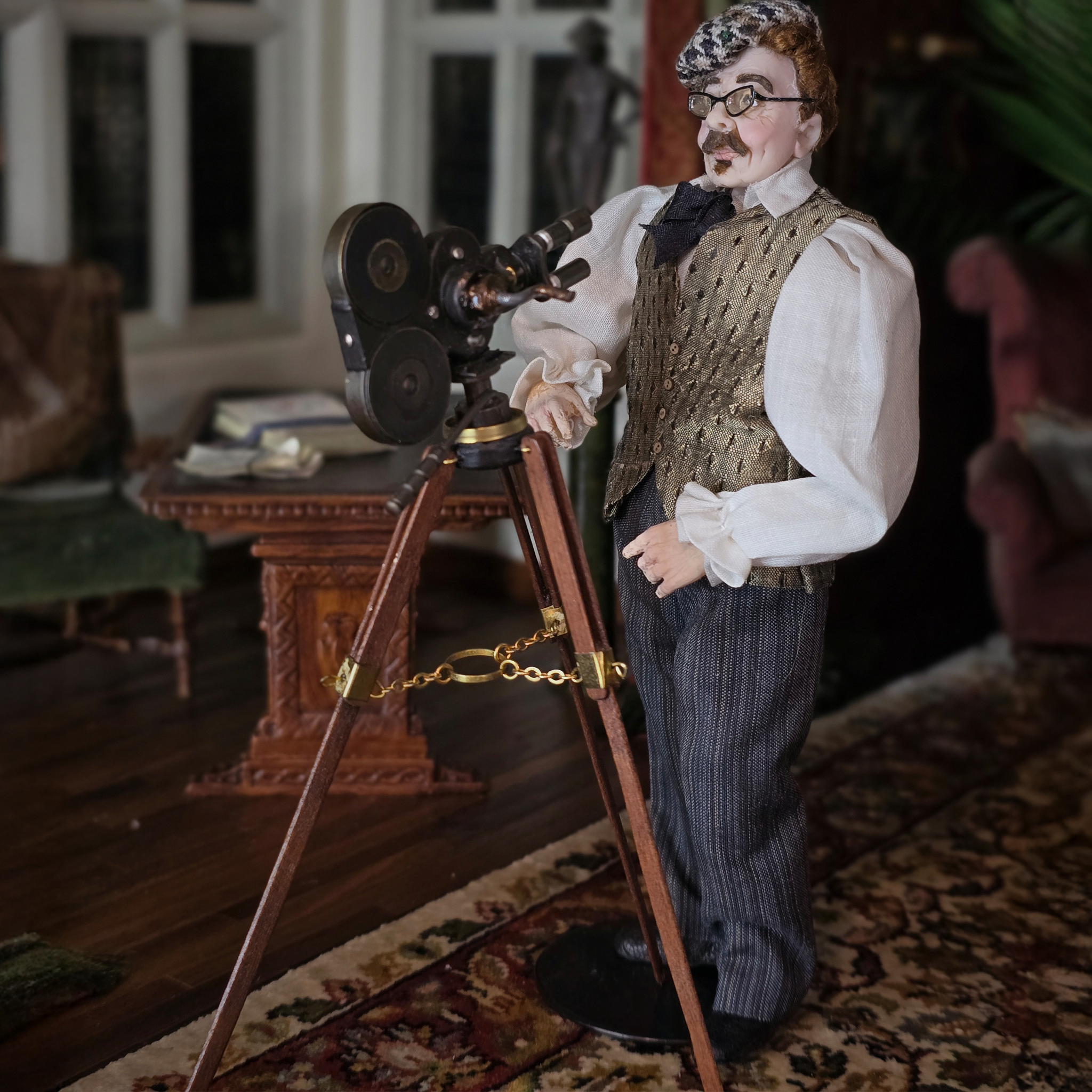 Actor Cecil B. DeMille & Camera Tripod Original Clay Dollhouse Man Doll