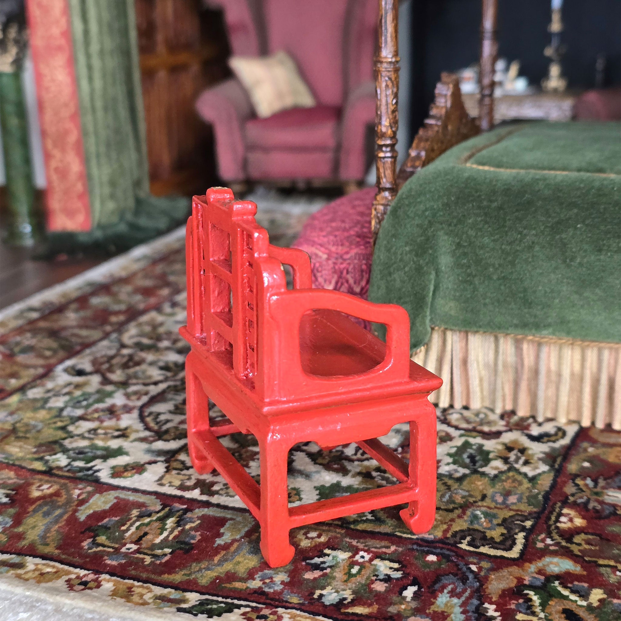 SIGNED Gilt Red Lacquer Chinese Asian Hand Carved Wood Arm Chair (B)