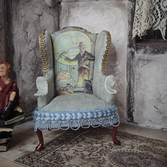 Custom Gothic Wingback Armchair Artist Signed OOAK Custom Upholstery of Halloween Skeleton