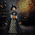 Load image into Gallery viewer, Halloween-themed dollhouse doll in a dark room with pumpkins and a full moon.
