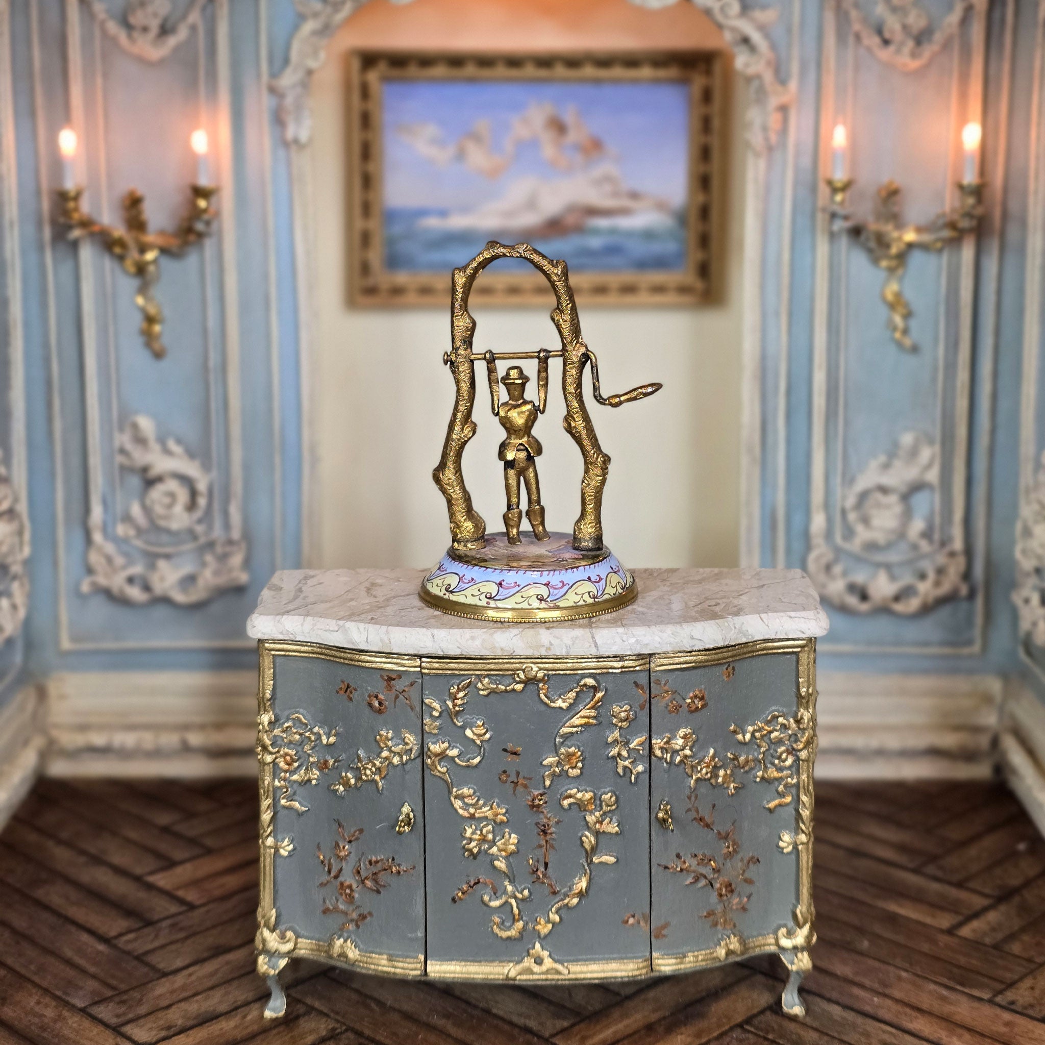 Automata toy on a buffet cabinet