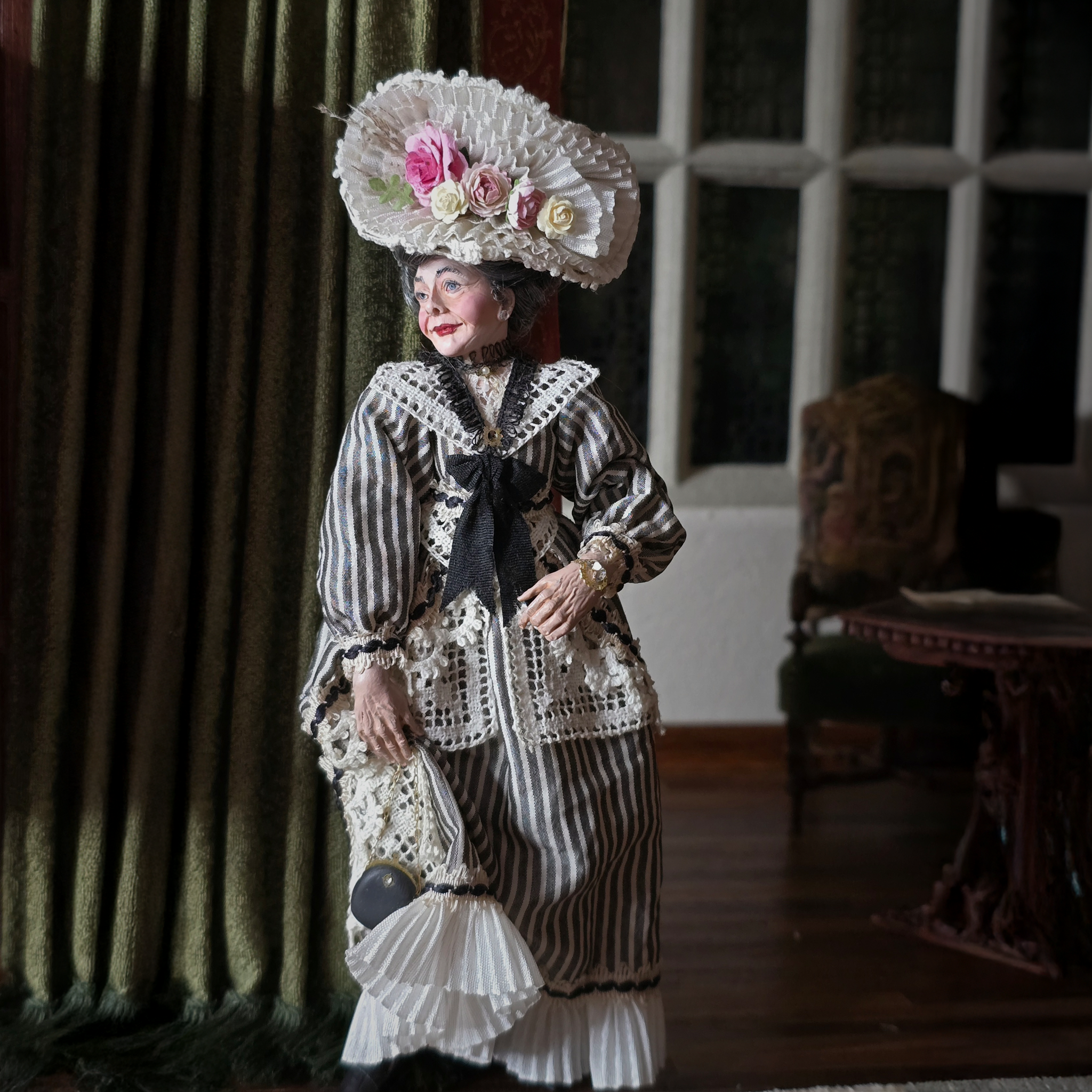 RESERVED FOR RICK: Wealthy Noblewoman Victorian Doll Striped Gown Original Marcia Backstrom Sculpted Clay Dollhouse