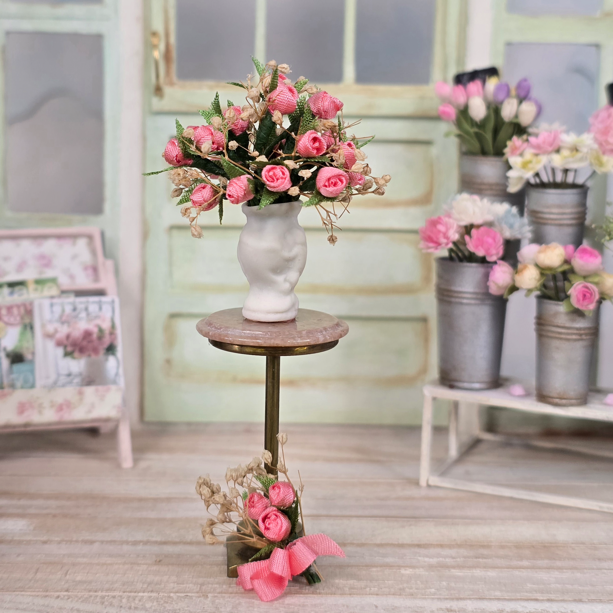 Arlene Bellinger Romantic Pink Rose Bouquet in Bisque Vase & Matching Men's Boutonniere