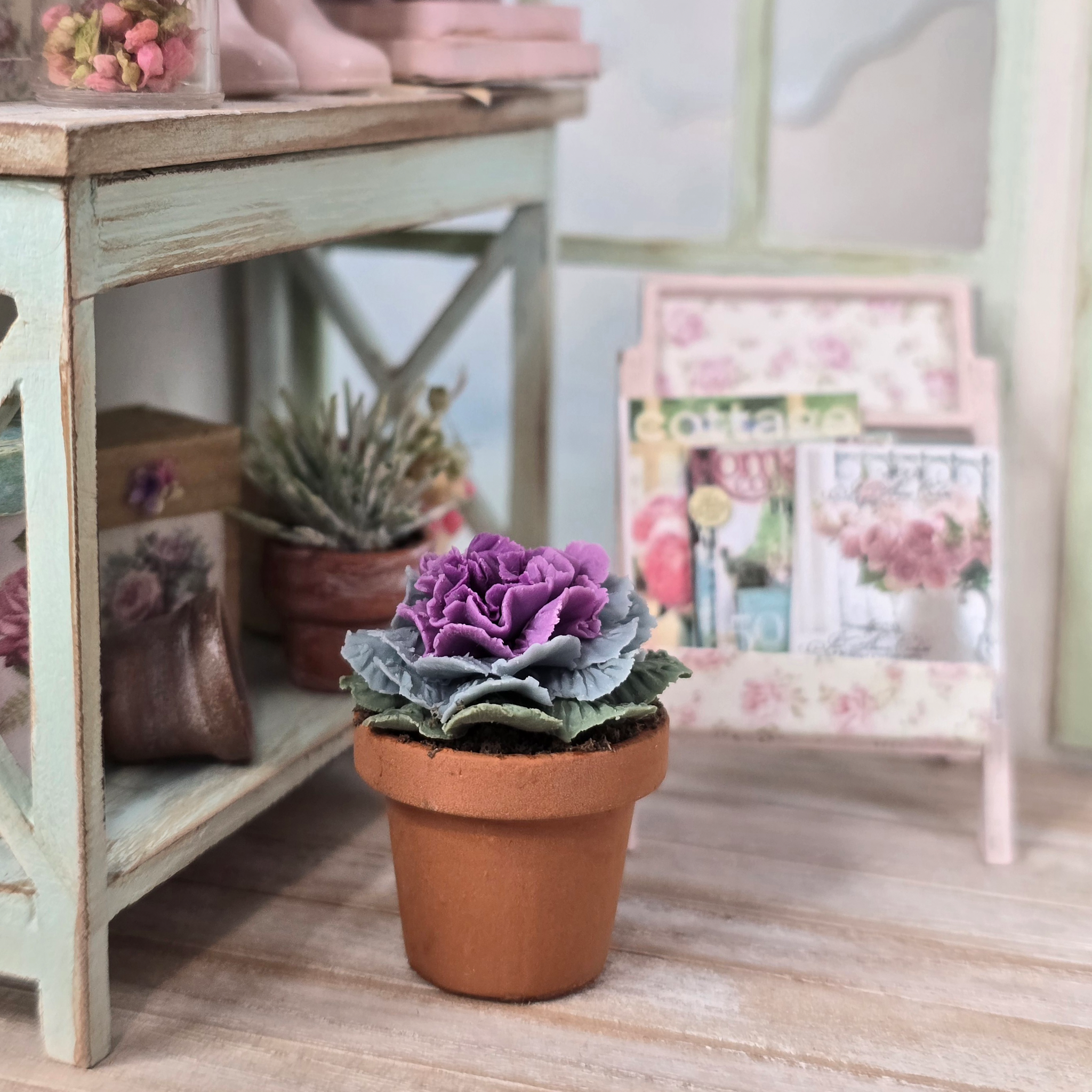 Potted Purple Realistic Ornamental Cabbage Hand Sculpted Clay Flowering Plant Signed