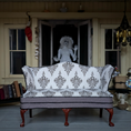 Load image into Gallery viewer, Signed Gothic Halloween Five Leg Victorian Sofa OOAK Skull Damask Custom Upholstered Bespaq
