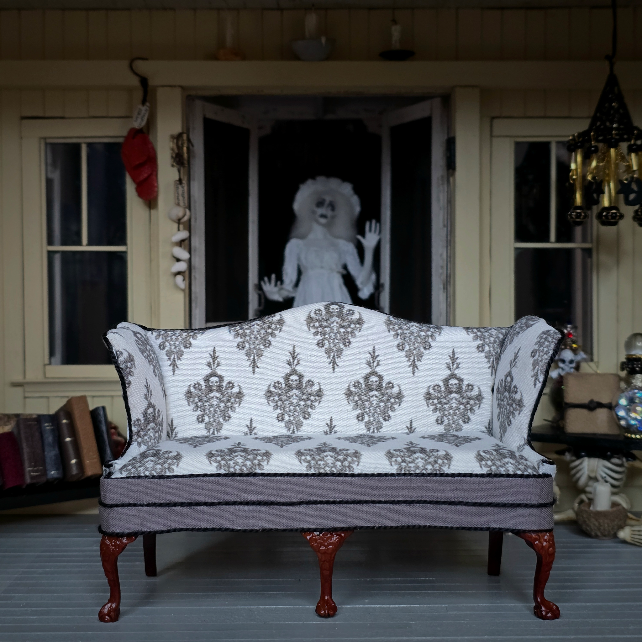 Signed Gothic Halloween Five Leg Victorian Sofa OOAK Skull Damask Custom Upholstered Bespaq