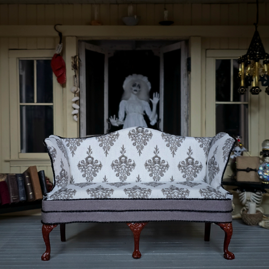 Signed Gothic Halloween Five Leg Victorian Sofa OOAK Skull Damask Custom Upholstered Bespaq